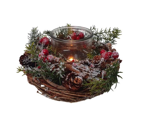 Weihnachtskranz mit Glas Windlicht und roten Beeren 22cm